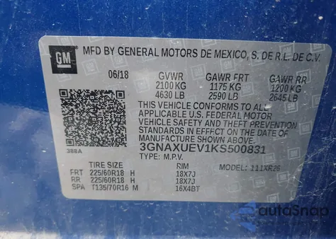 2019 Chevrolet Equinox Lt from USA, damaged, VIN 3GNAXUEV1KS500831